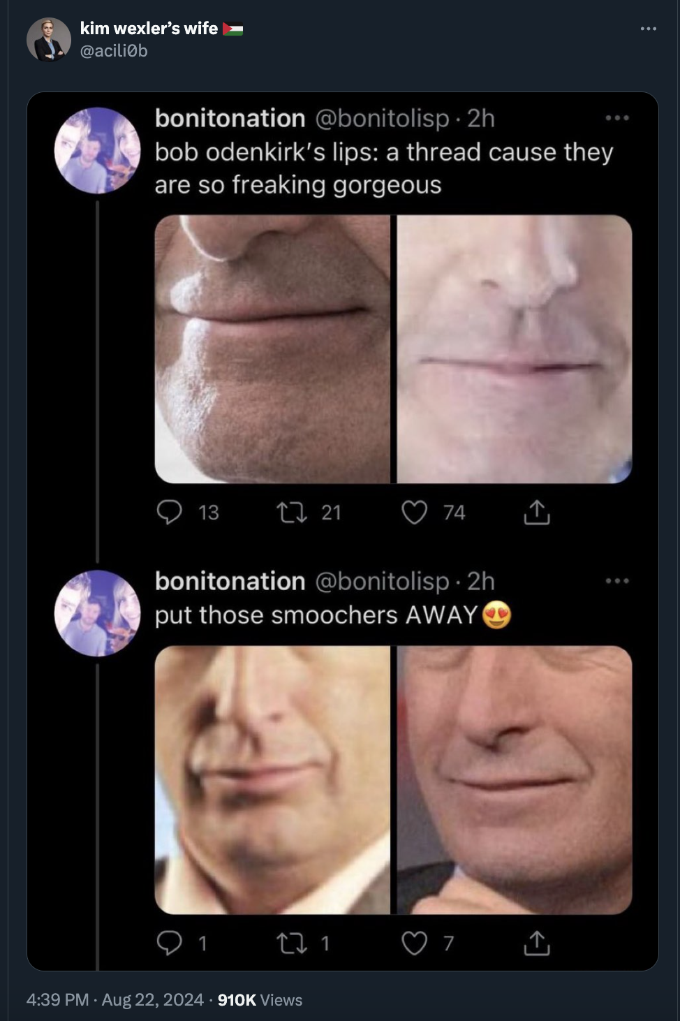 screenshot - kim wexler's wife bonitonation bob odenkirk's lips a thread cause they are so freaking gorgeous 13 13.21 74 bonitonation put those smoochers Away Q1 171 7 Views